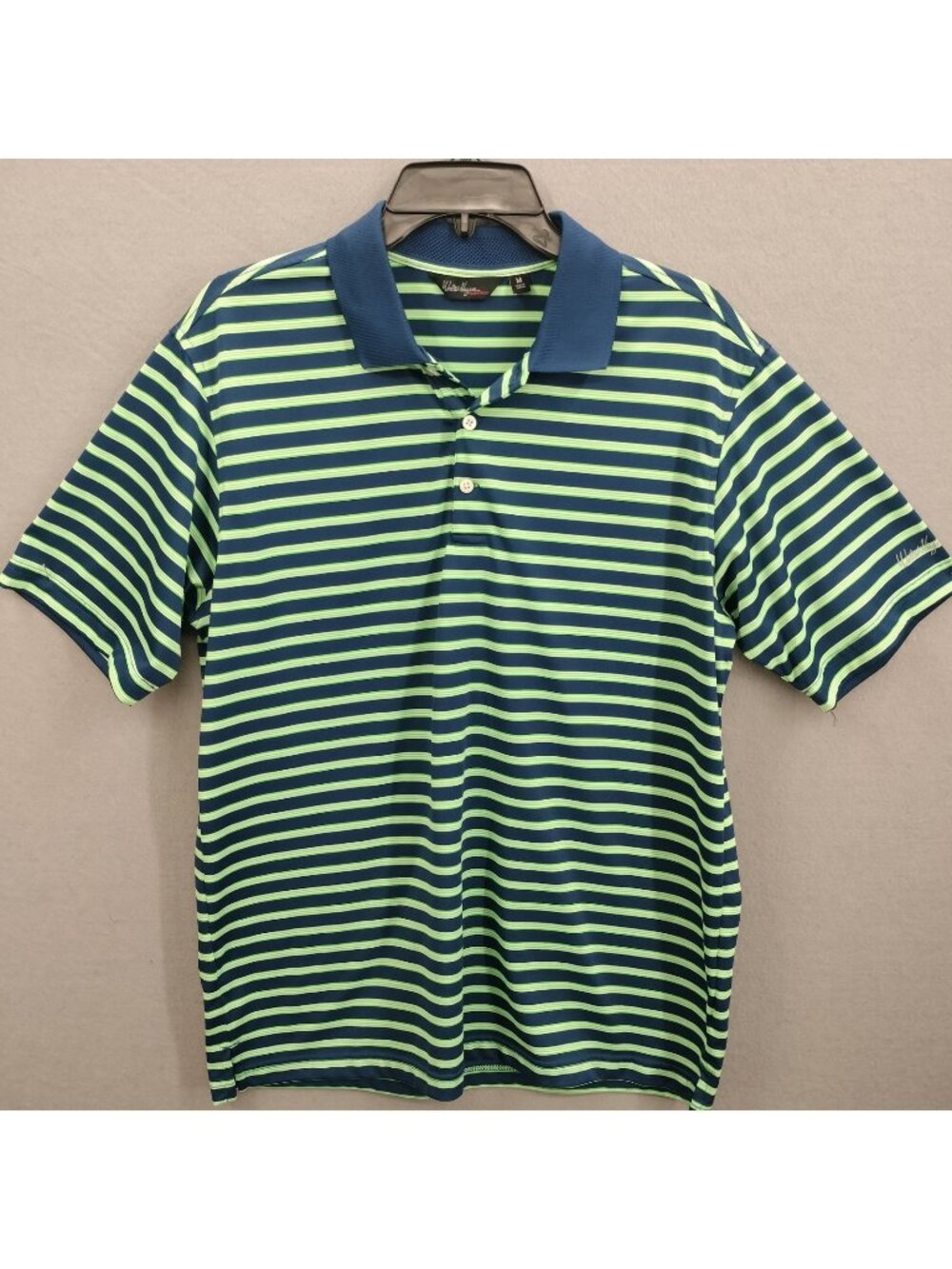 Walter Hagen Polo Shirt Mens M Lime Navy Stripes Essentials Golf Performance Top